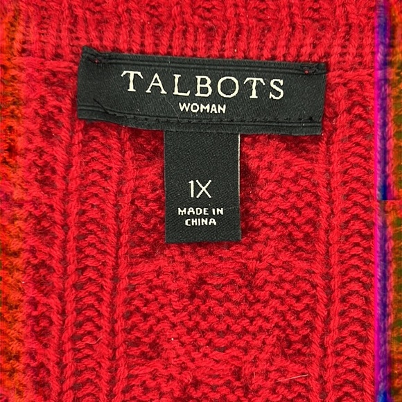 TALBOTS Cable knit Red open face SZ 1X Lambs wool blend fisherman cardigan - Picture 6 of 10
